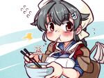  1girl ^^^ artist_logo bandana black_hair blue_background bowl braid breasts brown_shawl commentary_request dated duster eating food hair_flaps hair_ornament hairclip holding holding_bowl jingei_(kancolle) kantai_collection kutone_shirika large_breasts long_hair low_ponytail noodles ramen red_eyes shawl single_braid sleeves_rolled_up solo tasuki upper_body 