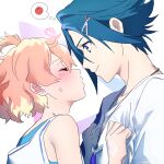  1boy 1girl apple blue_eyes blue_hair blush brown_hair closed_eyes closed_mouth couple food freyja_wion fruit hair_ornament hairclip hayate_immelmann heart heart_hair_ornament hetero hk_(nt) imminent_kiss looking_at_another macross macross_delta multicolored_hair one_side_up shirt short_hair sketch spoken_food thought_bubble two-tone_hair waiting_for_kiss white_background white_shirt 