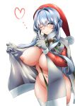  1girl blue_eyes blue_hair breasts christmas commentary_request cowboy_shot dress fur-trimmed_headwear gloves gotland_(kancolle) grey_dress hair_bun hat highres kantai_collection large_breasts long_hair long_sleeves looking_at_viewer mole mole_under_eye navel nipples official_alternate_costume one_eye_closed open_clothes open_dress pulumelo red_headwear santa_costume santa_hat single_hair_bun smile solo standing thighhighs white_gloves white_thighhighs 