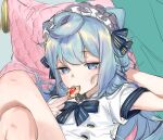  1boy ahoge arm_behind_head blue_bow blue_eyes blue_hair bow braid buttons cookie crossed_legs double-breasted eating expressionless food hacka_doll hacka_doll_3 long_hair maid_headdress male_focus naoko_(naonocoto) otoko_no_ko pillow short_sleeves striped striped_bow thumbprint_cookie unfinished very_long_hair 
