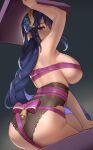  1girl absurdres arm_up armpits ass blush braid braided_ponytail breasts from_behind genshin_impact hair_ornament highres large_breasts long_hair looking_at_viewer looking_back purple_eyes purple_hair purple_ribbon raiden_shogun ribbon shikube sitting solo 