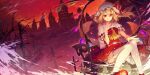  1girl ascot bare_tree blonde_hair cibo_(killy) cross crystal fang fang_out flandre_scarlet hand_up hat highres knees_together_feet_apart laevatein_(touhou) looking_at_viewer mob_cap puffy_short_sleeves puffy_sleeves red_eyes red_sky scarlet_devil_mansion short_sleeves sky slit_pupils smile solo thighhighs touhou tree white_thighhighs wings wrist_cuffs 