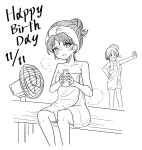  2girls 5ninde_4tenno asakura_toru bangs bare_arms bare_shoulders black_hair bottle dated electric_fan fang fukumaru_koito greyscale hair_bun happy_birthday highres holding holding_bottle idolmaster idolmaster_shiny_colors looking_at_viewer milk_bottle monochrome multiple_girls naked_towel parted_bangs short_hair single_hair_bun sitting skin_fang standing steam towel towel_around_neck towel_on_head twintails 