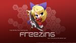  1girl absurdres adobe_photoshop chibi english_text freezing_(series) highres holding holding_weapon kim_kwang_hyun looking_at_viewer red_background satellizer_el_bridget solo third-party_edit vector_art vector_trace weapon 