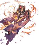  1girl animal_ears bangs braid breasts brown_hair confetti cozy dark-skinned_female dark_skin facial_mark fingernails fire_emblem fire_emblem_awakening fire_emblem_heroes floating floating_object floral_print flower full_body glowing gradient gradient_clothes highres japanese_clothes kimono leg_up long_hair long_sleeves looking_away medium_breasts non-web_source obi official_art open_mouth panne_(fire_emblem) panne_(new_year)_(fire_emblem) petals rabbit_ears red_eyes sandals sash shiny shiny_hair solo stone tabi transparent_background turtleneck twin_braids twintails wide_sleeves zouri 
