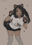  1girl :d anajudraws animal_ears animal_hands artist_name black_eyes black_gloves black_hair black_skirt blush breasts brown_background dark-skinned_female dark_skin dog_ears dog_tail fingerless_gloves gloves grey_thighhighs impossible_clothes large_breasts leaning_forward long_hair original paw_gloves shirt simple_background skirt smile solo standing tail tan thighhighs tongue tongue_out white_shirt 