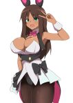  1girl alice_gear_aegis animal_ears black_bow black_bowtie bow bowtie breasts brown_hair dark-skinned_female dark_skin fe_(umenomiya_tekkousho) green_eyes highres kaneshiya_sitara large_breasts leotard open_mouth pink_bow pink_bowtie playboy_bunny solo thighhighs tongue white_leotard 