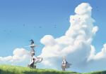  2others absurdres bird blue_sky cloud cloudy_sky cumulonimbus_cloud dress grass hat highres multiple_others nainainainainaiya on_grass original sky tagme white_dress wind wind_lift witch_hat 