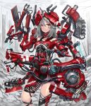  1girl asymmetrical_clothes asymmetrical_legwear axe bare_shoulders cable commentary_request cyborg expressionless extra_arms facial_mark gia grey_hair gun headgear highres holding holding_axe looking_at_viewer mecha_musume mechanical_arms original red_eyes rifle science_fiction signature solo string weapon 