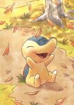 :d busukawaii closed_eyes commentary cyndaquil english_commentary falling_leaves full_body grass highres leaf no_humans open_mouth pokemon pokemon_(creature) signature sitting smile solo tongue tree 