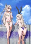  2girls absurdres amatsukaze_(kancolle) arm_support ass bangs bare_shoulders barefoot blonde_hair blue_sky breasts brown_eyes choker day feet_out_of_frame food from_behind grey_hair hair_tubes hairband highres holding holding_food kantai_collection legs long_hair looking_at_viewer looking_back multiple_girls navel open_mouth outdoors popsicle scan shimakaze_(kancolle) shiny shiny_hair shiny_skin simple_background sitting sky small_breasts stomach takanashi_kei_(hitsujikan) thigh_strap thighs toes twintails 