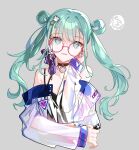  1girl bangs bare_shoulders choker collarbone earrings glasses green_eyes green_hair grey_background hair_ornament hand_on_own_face hatsune_miku highres jewelry long_hair long_sleeves mona0101 off_shoulder open_mouth project_sekai round_eyewear see-through solo star_(symbol) star_hair_ornament upper_body 