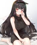  1girl animal_ears artist_request black_hair blush character_request furrowed_brow grey_sweater hand_on_own_cheek hand_on_own_face head_tilt horse_ears long_hair looking_at_viewer on_bed production_kawaii seiza shy sitting smile straight_hair sweater very_long_hair virtual_youtuber wings 