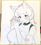  1girl animal_ear_fluff animal_ears bangs bare_shoulders blush breasts highres inubashiri_momiji large_breasts looking_at_viewer open_mouth pom_pom_(clothes) red_eyes shirt short_hair solo take_(take143000) touhou traditional_media upper_body white_background white_hair white_shirt white_sleeves wolf_ears wolf_girl 
