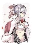  1girl armor bangs bikini bow bra breasts cleavage cropped_jacket debuff999 flower grey_bow grey_eyes grey_hair hair_between_eyes hair_bow happy highres long_hair looking_at_viewer medium_breasts navel parted_lips petals purple_eyes rose shrug_(clothing) sidelocks simple_background sinoalice skirt snow_white_(sinoalice) solo swimsuit tiara underwear white_background white_bikini white_hair 