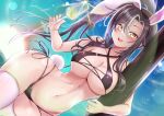  1girl :d absurdres alternate_costume animal_ears azur_lane bangs bare_shoulders bikini black_bikini black_hair blue_sky blush breasts chinese_zodiac chkalov_(azur_lane) cleavage collarbone commentary_request cowboy_shot criss-cross_halter cup drinking_glass eesuke_(shin1athke) fake_animal_ears fake_tail grey_hair hair_between_eyes halterneck highres holding holding_cup large_breasts long_hair looking_at_viewer multi-strapped_bikini multicolored_hair navel open_mouth parted_bangs playboy_bunny ponytail rabbit_ears rabbit_tail side-tie_bikini_bottom sidelocks skindentation sky smile solo standing stomach streaked_hair sunrise swimsuit tail teeth textless_version thighhighs two-tone_hair underboob upper_teeth_only white_thighhighs year_of_the_rabbit yellow_eyes 