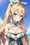  1girl ai-generated alternate_costume blonde_hair braid breasts cleavage dress fantasy green_dress green_eyes hair_between_eyes leafa lionking9455 long_hair ponytail side_braid solo sword_art_online twin_braids very_long_hair 