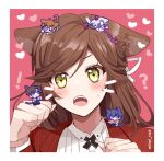  ! 1girl 4boys :o ? animal_ears artem_wing_(tears_of_themis) border brown_hair cat_ears chibi collared_shirt green_eyes h_haluhalu415 heart jacket long_hair long_sleeves looking_at_viewer luke_pearce_(tears_of_themis) marius_von_hagen_(tears_of_themis) multiple_boys open_mouth pink_background red_jacket rosa_(tears_of_themis) shirt tears_of_themis upper_body vyn_richter_(tears_of_themis) white_border white_shirt 