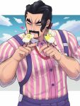  1boy arm_hair black_hair closed_eyes closed_mouth collared_shirt commentary_request cutiefly facial_hair heart highres male_focus mustache pants pokemon pokemon_(creature) pokemon_(game) pokemon_sv purple_pants saguaro_(pokemon) shirt short_hair smile striped striped_shirt suspenders tyumuta vertical-striped_shirt vertical_stripes 