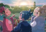  3girls :d abe_(kumayu) alolan_vulpix bangs blonde_hair blue_eyes blue_hair blue_kimono blush character_hair_ornament closed_eyes commentary_request day eevee eyelashes fence flower freckles green_eyes green_hair hair_flower hair_ornament hairband highres japanese_clothes kimono lana_(pokemon) lillie_(pokemon) mallow_(pokemon) multiple_girls open_mouth outdoors pink_flower pink_kimono pointing pokemon pokemon_(anime) pokemon_(creature) pokemon_sm_(anime) ribombee short_hair smile swept_bangs teeth tower tsareena upper_teeth_only yellow_hairband 