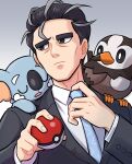  1boy adjusting_clothes adjusting_necktie bird black_eyes black_hair black_jacket blue_necktie closed_mouth collared_shirt commentary digua_qiu frown grey_background hand_up hands_up highres holding holding_poke_ball jacket komala larry_(pokemon) long_sleeves male_focus multicolored_hair necktie on_shoulder poke_ball poke_ball_(basic) pokemon pokemon_(creature) pokemon_(game) pokemon_on_shoulder pokemon_sv shirt short_hair starly streaked_hair two-tone_hair white_shirt 