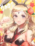  1girl alternate_costume animal_ears arm_up bangs bare_shoulders blonde_hair bracelet breasts chinese_zodiac circlet fire_emblem fire_emblem_fates fire_emblem_heroes flower grey_eyes hair_flower hair_ornament highres jewelry liszodow long_hair looking_at_viewer medium_breasts open_mouth ophelia_(fire_emblem) portrait rabbit rabbit_ears red_flower red_rose rose solo swept_bangs year_of_the_rabbit 