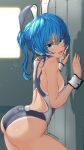  1girl aigami_kaon ass blue_eyes blue_hair competition_swimsuit cowboy_shot garter-velvet grey_one-piece_swimsuit highres locker long_hair looking_at_viewer one-piece_swimsuit open_mouth original playboy_bunny_swimsuit ponytail rabbit_tail solo swimsuit tail tan tanlines wrist_cuffs 
