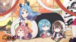  4girls bangs barefoot blue_eyes blue_hair blurry blurry_background blush brown_hair character_request chibi closed_eyes closed_mouth commentary_request daikyou_(houchi_shoujo) day depth_of_field dress ehoumaki elbow_gloves food gloves hair_between_eyes highres hood hood_up houchi_shoujo indoors kadomatsu kagami_mochi makizushi minigirl multiple_girls parted_bangs parted_lips pink_hair red_eyes red_footwear shoes shoukyou_(houchi_shoujo) smile strap_slip sushi thighhighs totatokeke white_dress white_gloves white_thighhighs window 