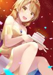  1girl absurdres atelier_z44 bare_arms bare_legs bare_shoulders birthday_cake breasts brown_eyes brown_hair cake candle confetti dress earrings feet_out_of_frame food highres holding holding_plate isshiki_iroha jewelry legs medium_hair neck necklace off-shoulder_dress off_shoulder open_mouth orange_dress plate red_background solo teeth thighs tiara tongue upper_teeth_only v yahari_ore_no_seishun_lovecome_wa_machigatteiru. 