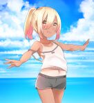 1girl :d bangs bare_arms bare_shoulders black_shorts blonde_hair blue_sky brown_eyes camisole cloud cloudy_sky collarbone comah crop_top day dolphin_shorts hair_between_eyes horizon navel ocean original outdoors outstretched_arms ponytail short_shorts shorts sidelocks sky smile solo standing strap_slip tan tanlines water white_camisole 