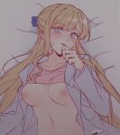  1girl :d bangs bed_sheet blonde_hair blue_eyes blush breasts claire_francois clothes_lift collarbone colored_eyelashes come_hither dark ear_blush hair_spread_out half_updo hand_to_own_mouth hand_up highres labcoat large_breasts long_hair long_sleeves looking_at_viewer lying narrowed_eyes nipples no_bra on_back open_clothes open_labcoat out-of-frame_censoring parted_lips pink_shirt raeclairex shirt shirt_lift smile solo stomach sweat swept_bangs upper_body watashi_no_oshi_wa_akuyaku_reijou 