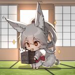  +_+ 1girl animal_ear_fluff animal_ears bangs black_eyes chibi commentary_request eating food fox_ears fox_girl fox_tail full_body grey_hair hair_between_eyes highres indoors japanese_clothes kimono long_hair long_sleeves obi original ponytail sash sliding_doors solo sparkle standing tail very_long_hair white_kimono wide_sleeves yuuji_(yukimimi) 