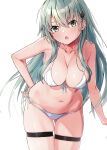  1girl absurdres bangs bare_shoulders bikini blush breasts cleavage collarbone front-tie_bikini_top front-tie_top green_eyes grey_hair hand_on_hip head_tilt highres kantai_collection leaning_forward long_hair looking_at_viewer medium_breasts navel open_mouth scan shiny shiny_hair side-tie_bikini_bottom simple_background solo stomach suzuya_(kancolle) swimsuit takanashi_kei_(hitsujikan) thigh_strap thighs white_background white_bikini 