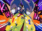  2boys blue_cape buttons cape closed_mouth colored_sclera colored_skin commentary_request crossed_arms double-breasted dragon_ball dragon_ball_super dragon_ball_super_super_hero gamma_1 gamma_2 gloves grin itsuki_(nightlight) jacket looking_at_viewer male_focus multiple_boys pointing red_cape red_ribbon_army romaji_text simple_background smile upper_body yellow_jacket yellow_sclera 