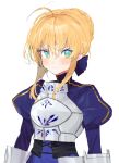  1girl ahoge aqua_eyes armor armored_dress artoria_pendragon_(fate) bangs blonde_hair blue_dress blue_ribbon closed_mouth dress fate/stay_night fate_(series) green_eyes hair_between_eyes hair_bun hair_ribbon juliet_sleeves long_sleeves looking_at_viewer multicolored_eyes pinch_(nesume) puffy_sleeves ribbon saber simple_background single_hair_bun solo upper_body white_background 