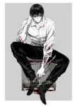  1boy absurdres bangs black_hair blood blood_on_clothes blood_on_face blood_on_hands blood_on_weapon closed_mouth collared_shirt copyright_name dmsco1803 greyscale highres holding holding_sword holding_weapon looking_at_viewer male_focus monochrome nagumo_(sakamoto_days) sakamoto_days shirt sitting sleeves_rolled_up smile solo spot_color sword weapon white_shirt 