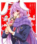  1girl 2023 animal_ears blazer hagoita happy_new_year inaba_tewi index_finger_raised jacket long_hair new_year okawa_friend paddle purple_hair rabbit_ears red_background reisen_udongein_inaba scarf solo touhou upper_body very_long_hair 