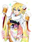  alcohol bangs beer beer_mug blonde_hair blue_eyes cigarette cup foam fur_collar hair_ornament happy_new_year holding holding_cup indie_virtual_youtuber japanese_clothes kimono leg_up looking_at_viewer mug new_year obi open_mouth pinch_(nesume) sash simple_background virtual_youtuber wide_sleeves yamada_sora 