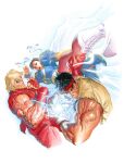  1girl 2boys alex_ross black_hair blonde_hair blue_dress bracelet china_dress chinese_clothes dougi dress fighting_stance hadouken highres jewelry ken_masters kicking multiple_boys muscular muscular_male pantyhose puffy_sleeves ryu_(street_fighter) simple_background sleeveless spiked_bracelet spikes street_fighter street_fighter_ii_(series) thick_thighs thighs white_background 