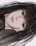  1girl bangs black_eyes black_hair blood blood_on_face closed_mouth dress expressionless highres long_hair looking_at_viewer ndsoda osaragi_(sakamoto_days) sakamoto_days solo veil white_background 