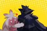  :d bird commentary corviknight dotted_background heart highres motion_lines no_humans open_mouth pokemon pokemon_(creature) smile sweat tinkaton tongue v_(govvvvw) yellow_background 