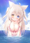  1girl ahoge animal_ear_fluff animal_ears bikini blue_eyes blue_sky blush breasts brown_hair cat_ears character_request cleavage closed_mouth cloud commentary_request day frilled_bikini frills front-tie_bikini_top front-tie_top head_tilt heterochromia highres horizon indie_virtual_youtuber large_breasts leaning_forward long_hair navel ocean outdoors renew_vivi side-tie_bikini_bottom sky smile solo swimsuit two_side_up very_long_hair virtual_youtuber water white_bikini yellow_eyes 