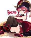  1girl ascot bangs black_thighhighs blush boots breasts coin cropped_jacket gloves hands_on_own_knees hat heterochromia high_heel_boots high_heels hololive houshou_marine jacket leotard leotard_under_clothes long_hair looking_at_viewer open_mouth orange_eyes pinch_(nesume) pirate_hat red_ascot red_eyes red_hair red_jacket red_skirt ribbon simple_background sitting skirt sleeveless sleeveless_jacket solo thighhighs twintails virtual_youtuber white_gloves 