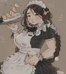  1girl anajudraws apron artist_name black_bow black_bowtie black_dress black_eyes black_hair blush bow bowtie braid breasts dress dumpling food grey_background holding holding_notepad holding_tray jiaozi looking_at_viewer maid maid_apron maid_headdress medium_breasts notepad pencil pointy_ears short_sleeves simple_background solo sweatdrop tray twin_braids twintails waitress wrist_cuffs 
