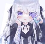  1girl bandaged_arm bandages black_choker choker cota666 hair_ornament heart highres holding holding_phone looking_at_viewer original phone purple_eyes rabbit_hair_ornament solo twintails white_hair x_x 
