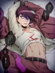  1boy arms_up bangs belt bound cuffs danganronpa_(series) danganronpa_v3:_killing_harmony disembodied_limb facial_hair goatee hair_between_eyes handcuffs itsuki_(nightlight) jacket long_sleeves lying male_focus momota_kaito on_back open_clothes open_jacket open_shirt pants purple_eyes purple_hair red_pants shirt solo spiked_hair sweat translation_request 