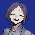  1boy ^_^ akahito_(akaironotanin) black_hair blue_background closed_eyes highres male_focus open_mouth original portrait shirt simple_background smile solo teeth white_shirt 