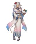  1girl anbe_yoshirou animal_ears ash_(fire_emblem) ash_(new_year)_(fire_emblem) bangs breasts cow_ears cow_horns cow_tail dark-skinned_female dark_skin fingernails fire_emblem fire_emblem_heroes flower full_body fur_trim gradient gradient_background gradient_clothes hagoita hair_ornament hairband highres holding horns japanese_clothes kimono long_hair looking_at_viewer medium_breasts non-web_source obi official_art paddle parted_lips sandals sash shiny shiny_hair sidelocks smile solo standing tabi tail transparent_background white_hair wide_sleeves yellow_eyes zouri 