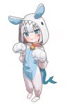  1girl absurdres animal_costume animal_ears animal_hands animal_hood bangs bell blue_eyes blue_hair blunt_bangs buck_teeth cat_paws fake_animal_ears fish_tail full_body gawr_gura gloves grey_hair highres hololive hololive_english hood jingle_bell looking_at_viewer multicolored_hair neck_bell opossumachine paw_gloves rabbit_ears rabbit_hood shark_girl shark_tail short_hair simple_background smile socks solo streaked_hair tail teeth virtual_youtuber white_background white_socks 
