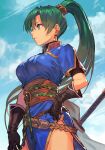  1girl bangs belt black_gloves blue_dress blue_sky breasts brown_belt closed_mouth cloud cloudy_sky cowboy_shot day dress earrings expressionless fire_emblem fire_emblem:_the_blazing_blade from_side gloves gold_trim green_eyes green_hair hungry_clicker jewelry katana lips long_hair lyn_(fire_emblem) medium_breasts outdoors parted_bangs pelvic_curtain ponytail profile rope_belt sash scabbard sheath sheathed short_sleeves side_slit sky sleeveless sleeveless_dress solo standing sword thighs weapon 